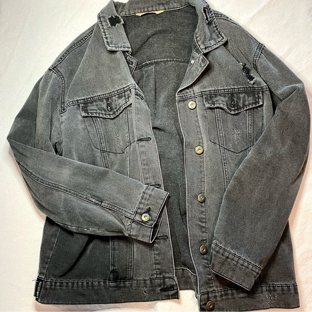 Highway Jeans Black Distressed Oversized Denim Jean Jacket Size Large